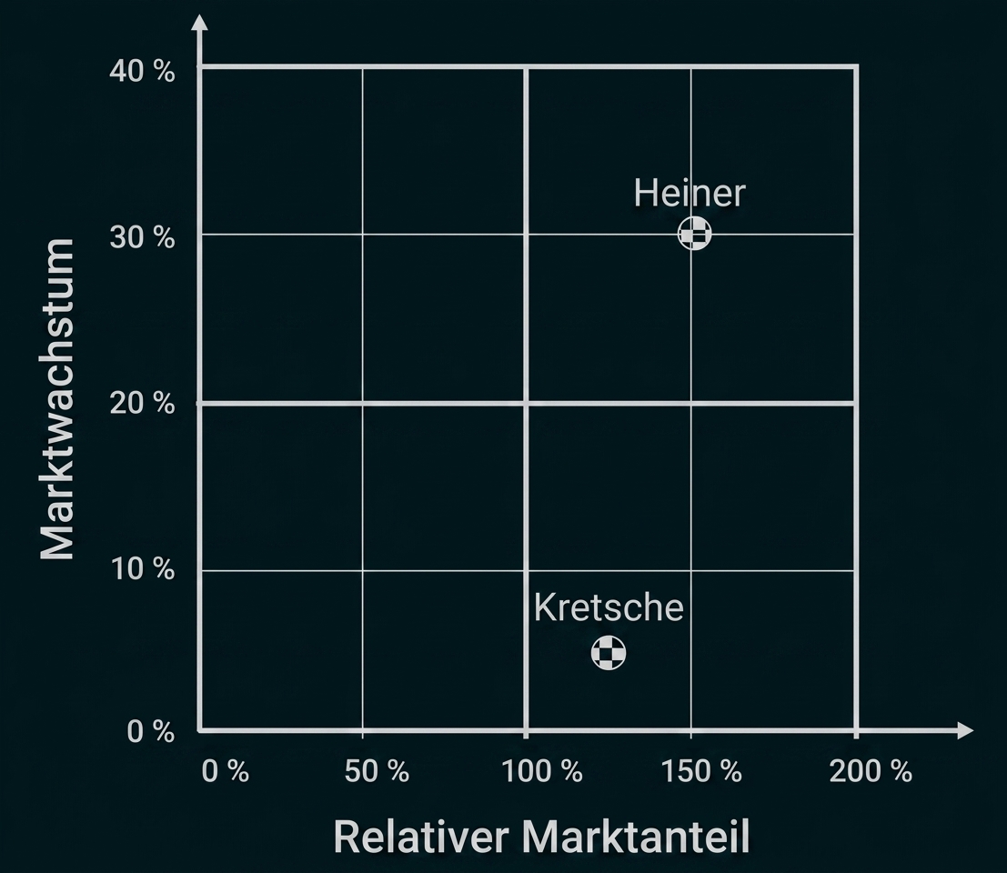 Diagramm mit Marktanteil und Marktwachstum, markiert sind Heiner und Kretsche.